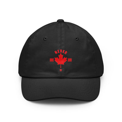 Canadian Maple Leaf Dad Hat — 'Never Be' Red Embroidered Baseball Cap