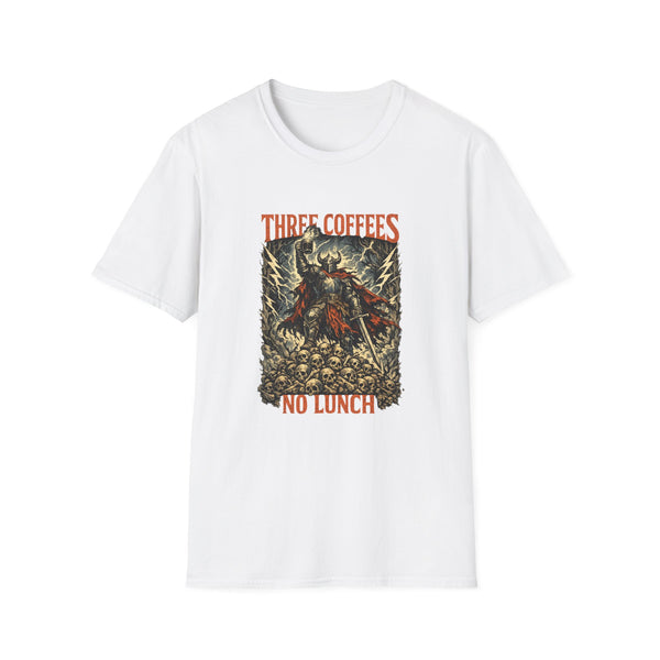 Three Coffees No Lunch T-Shirt — Funny Caffeinated Viking Graphic Tee