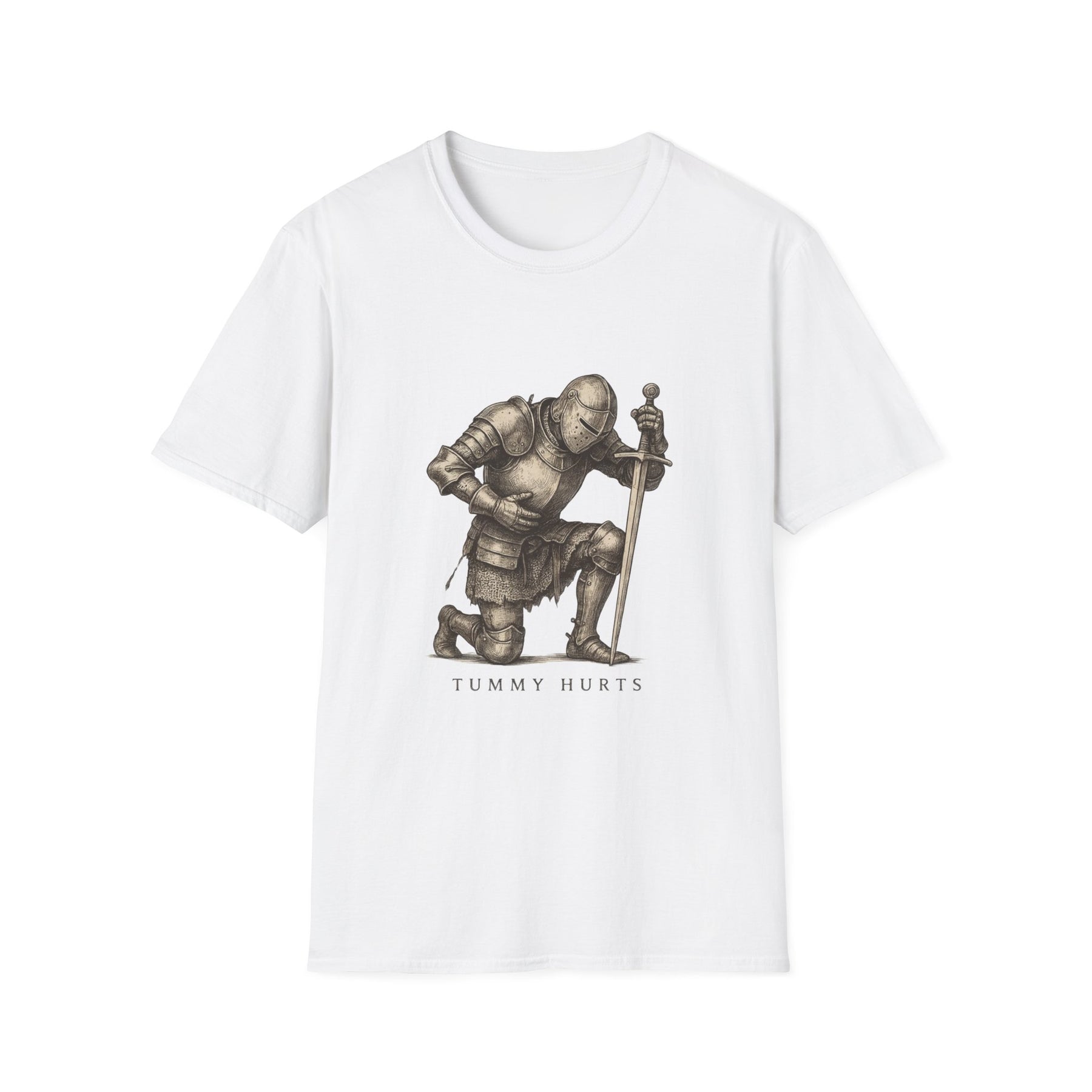 Knight Kneeling "Tummy Hurts" T-Shirt — Medieval Armor Graphic Tee