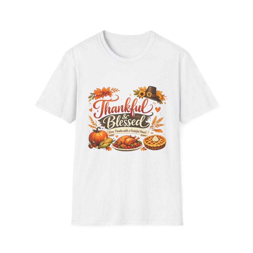 Thankful & Blessed Thanksgiving T-Shirt — Fall Pilgrim Pumpkin Harvest Tee