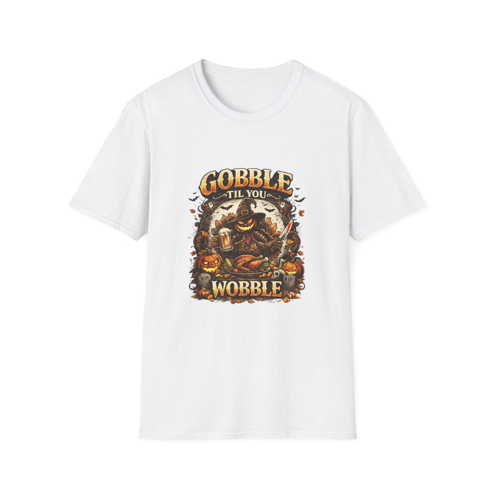 Thanksgiving T-Shirt — “Gobble ’Til You Wobble” Pumpkin Pilgrim Tee
