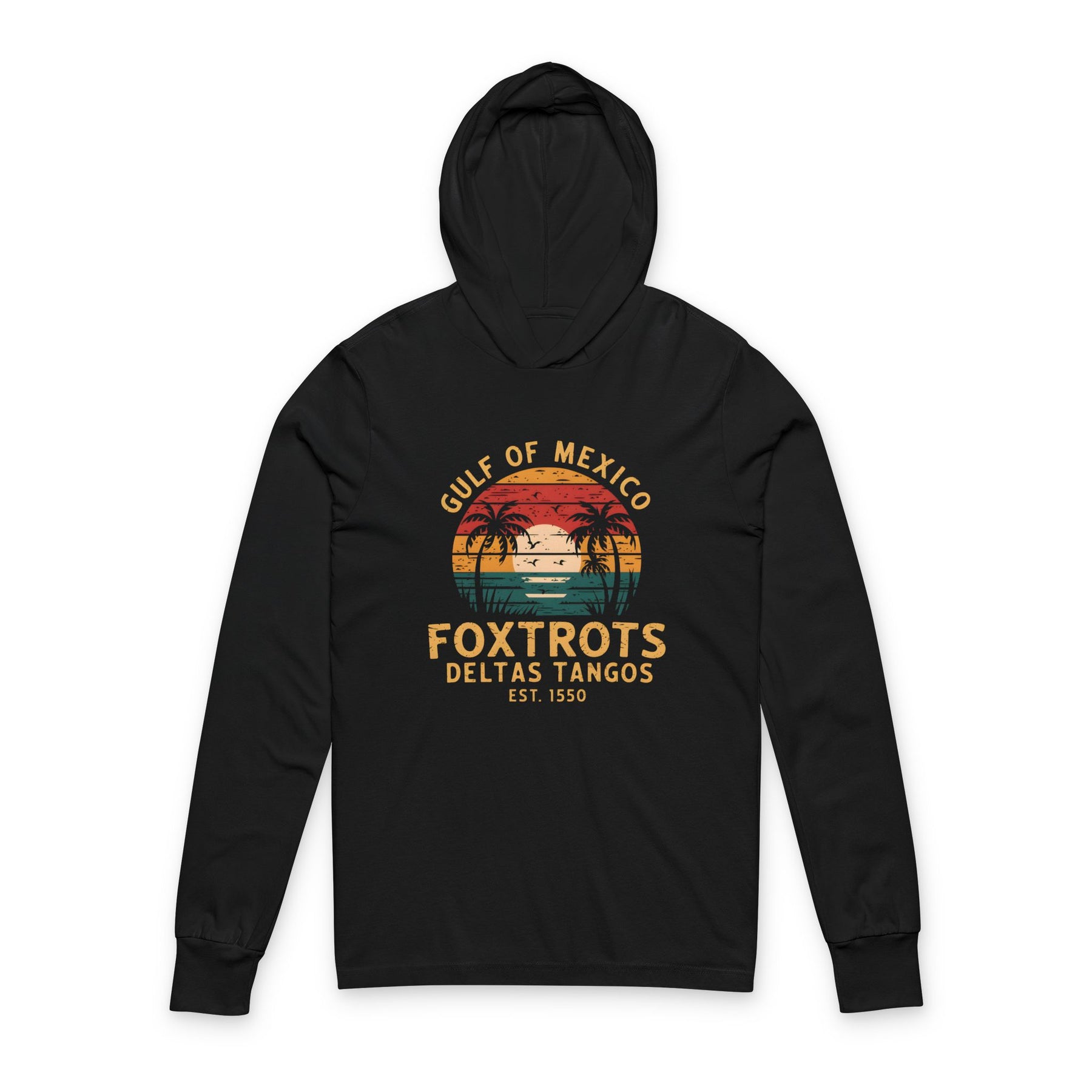 Foxtrots Gulf of Mexico Hooded Long Sleeve Tee — Retro Beach Sunset Dance Club Design