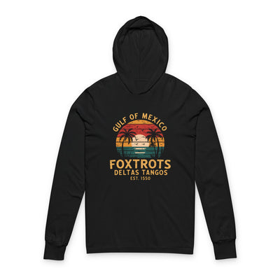 Foxtrots Gulf of Mexico Hooded Long Sleeve Tee — Retro Beach Sunset Dance Club Design