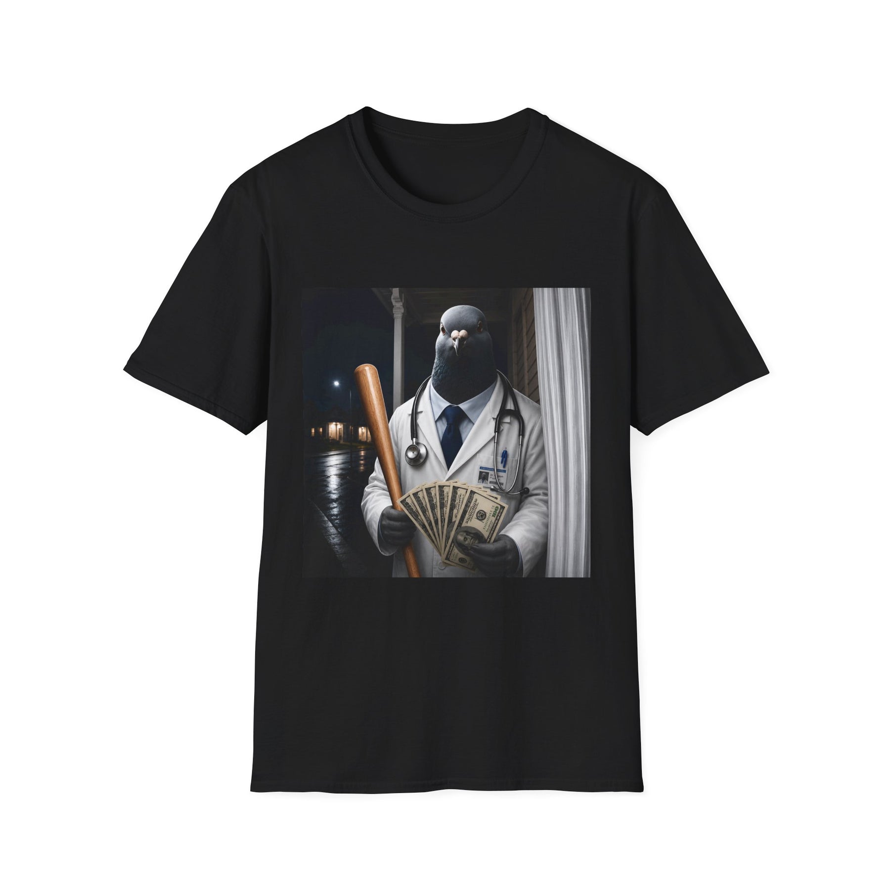 Pigeon Doctor Mafia T-Shirt — Funny Bird Doctor Holding Bat & Cash Graphic Tee