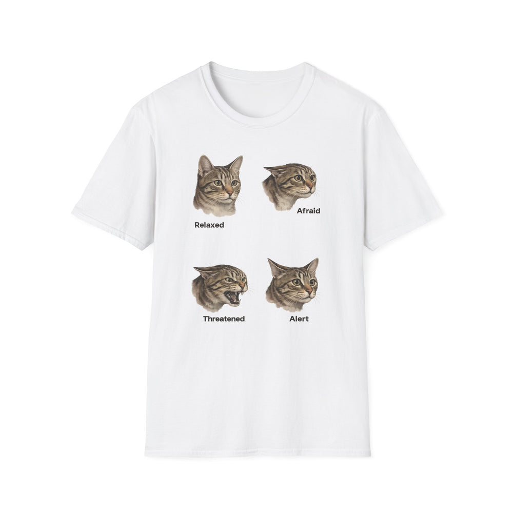 Cat Mood Chart T-Shirt — Relaxed, Afraid, Threatened, Alert Cat Faces Tee