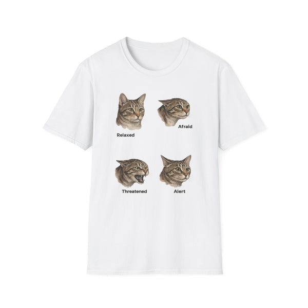 Cat Mood Chart T-Shirt — Relaxed, Afraid, Threatened, Alert Cat Faces Tee