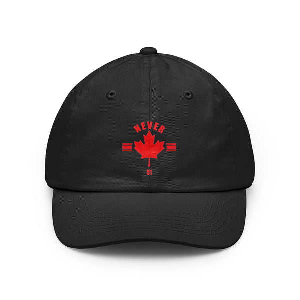 Canadian Maple Leaf Dad Hat — 'Never Be' Red Embroidered Baseball Cap